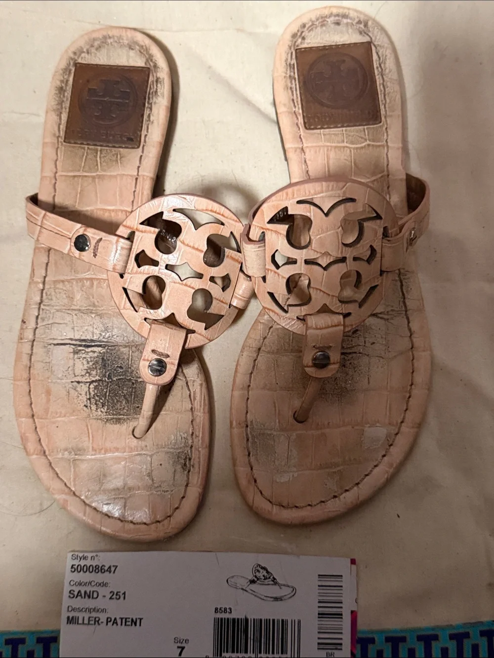 Tory Burch Sand Patent Leather Logo Thong Sandals - Sand